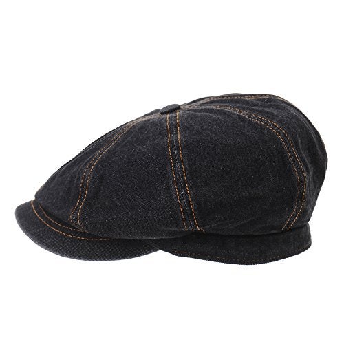 WITHMOONS Baker Boy Flat Cap Stitchy Beret Washed Denim Jean Hat DW3834 (Black) - Image 2