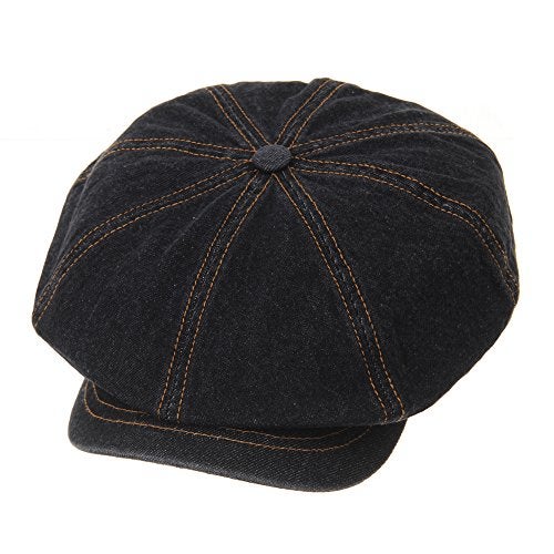WITHMOONS Baker Boy Flat Cap Stitchy Beret Washed Denim Jean Hat DW3834 (Black) - Image 1
