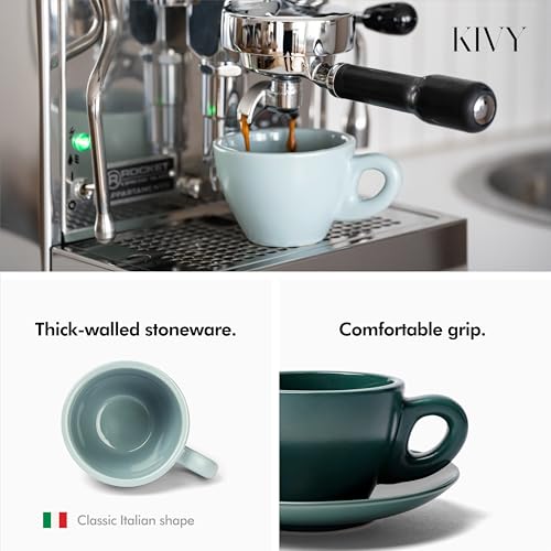 KIVY Cappuccino cups set of 4 [8oz] - Thick-walled stoneware cappuccino cup set for latte art - Cappuccino coffee cups - Tazas de cafe - Latte cups - Latte art cup and saucer set of 4 - Green, Blue - Image 2