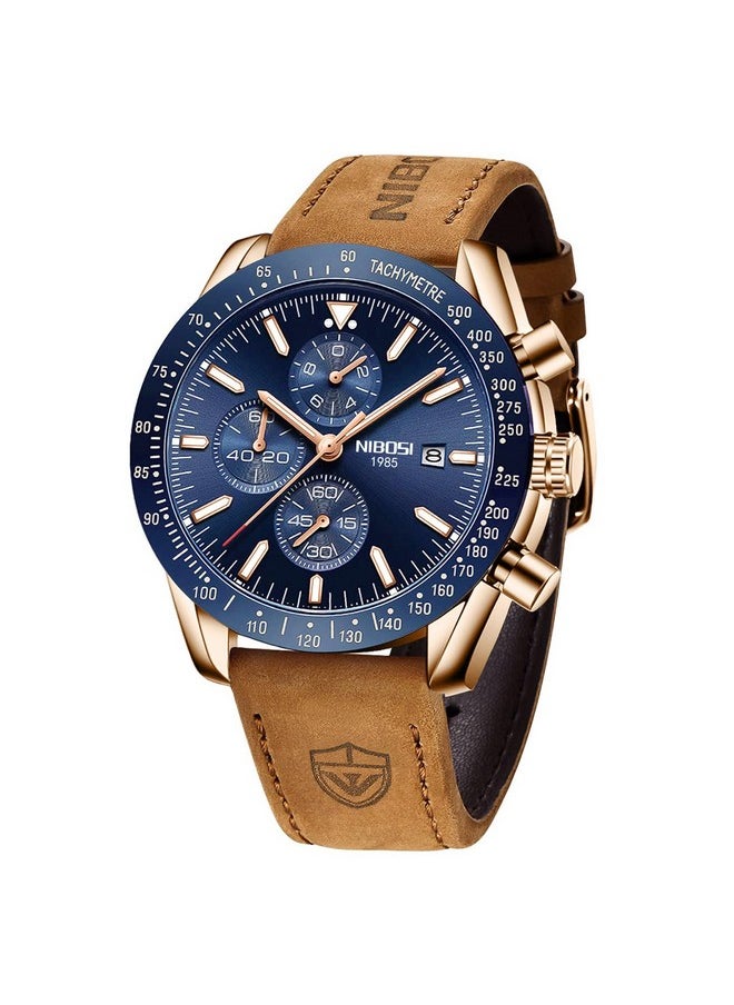 NIBOSI - NIBOSI Men's Leather Watch Analog Silicone Quartz Wrist Blue Dial Watch For Men Business Waterproof Sport Stainless Steel Dress Watch With Calendar, Band Color:Brown - Image 1