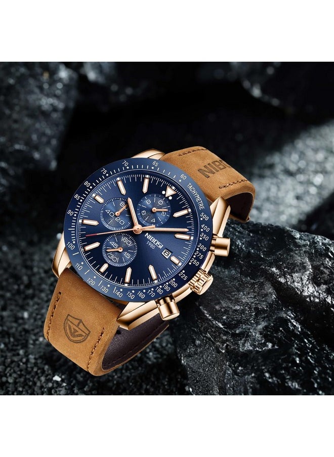 NIBOSI Men's Leather Watch Analog Silicone Quartz Wrist Blue Dial Watch For Men Business Waterproof Sport Stainless Steel Dress Watch With Calendar, Band Color:Brown - pzsku/ZEB2F1D4C34DD6725954DZ/45/_/1738306674/11e351d8-79f9-4e0b-9a12-a9dc6e10677f