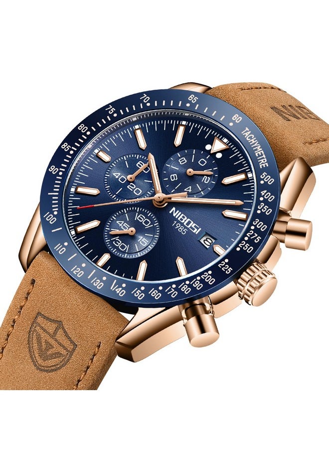 NIBOSI - NIBOSI Men's Leather Watch Analog Silicone Quartz Wrist Blue Dial Watch For Men Business Waterproof Sport Stainless Steel Dress Watch With Calendar, Band Color:Brown - Image 1