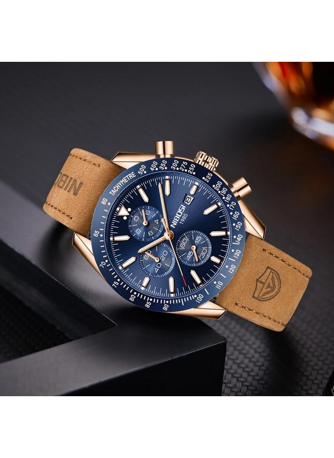 NIBOSI - NIBOSI Men's Leather Watch Analog Silicone Quartz Wrist Blue Dial Watch For Men Business Waterproof Sport Stainless Steel Dress Watch With Calendar, Band Color:Brown - Image 1
