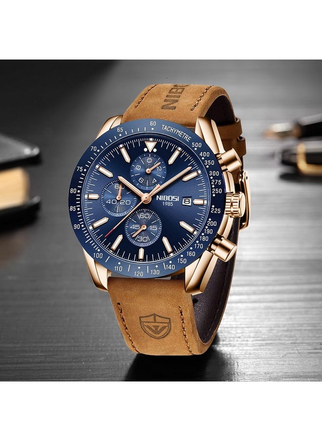 NIBOSI - NIBOSI Men's Leather Watch Analog Silicone Quartz Wrist Blue Dial Watch For Men Business Waterproof Sport Stainless Steel Dress Watch With Calendar, Band Color:Brown - Image 1