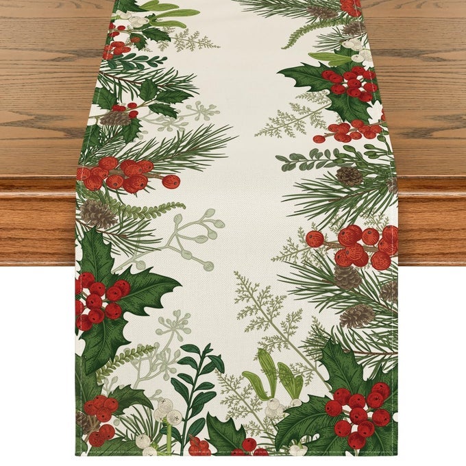 HOLLY PINE CONE CHRISTMAS TABLE RUNNER SEASONAL WINTER KITCHEN DINING TABLE DECORATION FOR HOME PARTY DECOR 13X108 INCH