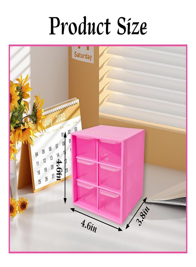 منظم أدراج صغير للمكتب، 4.7 بوصة × 4.7 بوصة × 3.8 بوصة، منظم أدراج مكتبي صغير بستة أدراج شفافة (لون أحمر وردي) - Image 2