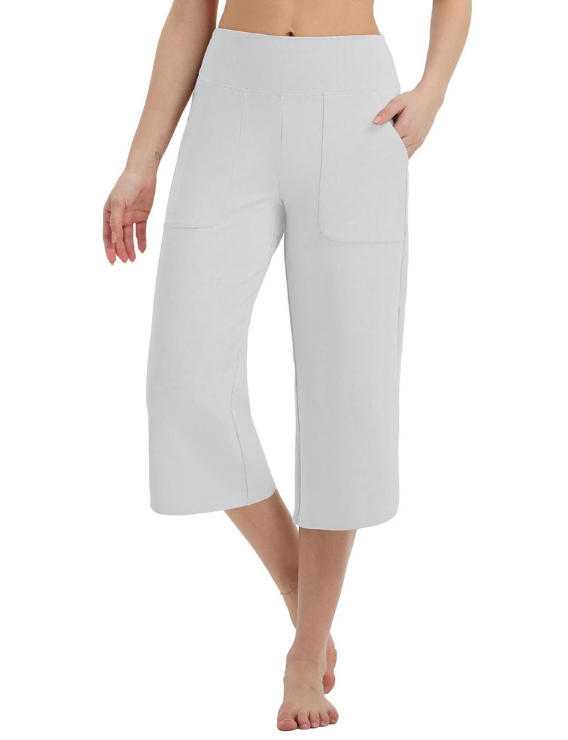 baleaf Capris Pants for Women Yoga Capri Leggings with Pockets Loose High Waist Crop Workout Pants Wide Leg Casual Summer White - Image 1