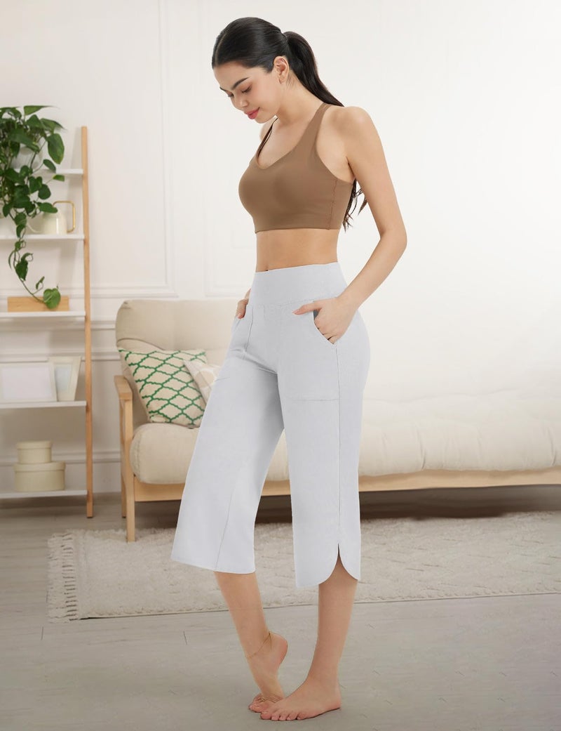 baleaf Capris Pants for Women Yoga Capri Leggings with Pockets Loose High Waist Crop Workout Pants Wide Leg Casual Summer White - Image 3