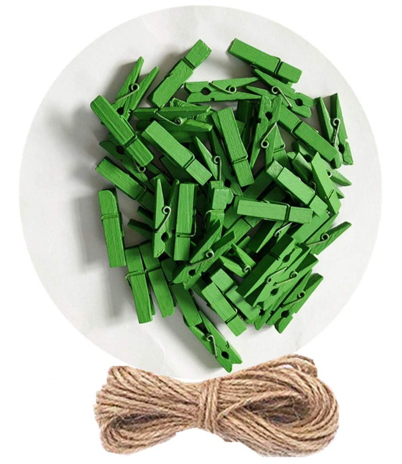 DurReus 50PCS Tiny Wooden Clothespins Photo Paper Peg Mini Wood Clothes Pins Home School Arts Crafts Decor Hanging Pictures with Jute Twine Green