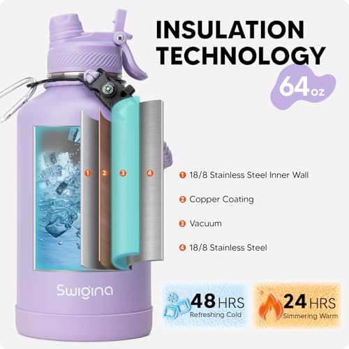 Swigina [2-IN-1 LID] 64 oz Insulated Water Bottle with Silicone Boot (48hrs Cold/24hrs Hot) - DIY Stickers, Leakproof, BPA Free, Half Gallon - Image 3