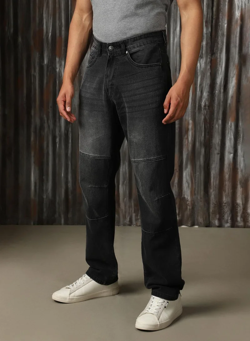 HIGH STAR Men's Black 100% Cotton Distressed Full Length Relaxed Fit Jeans