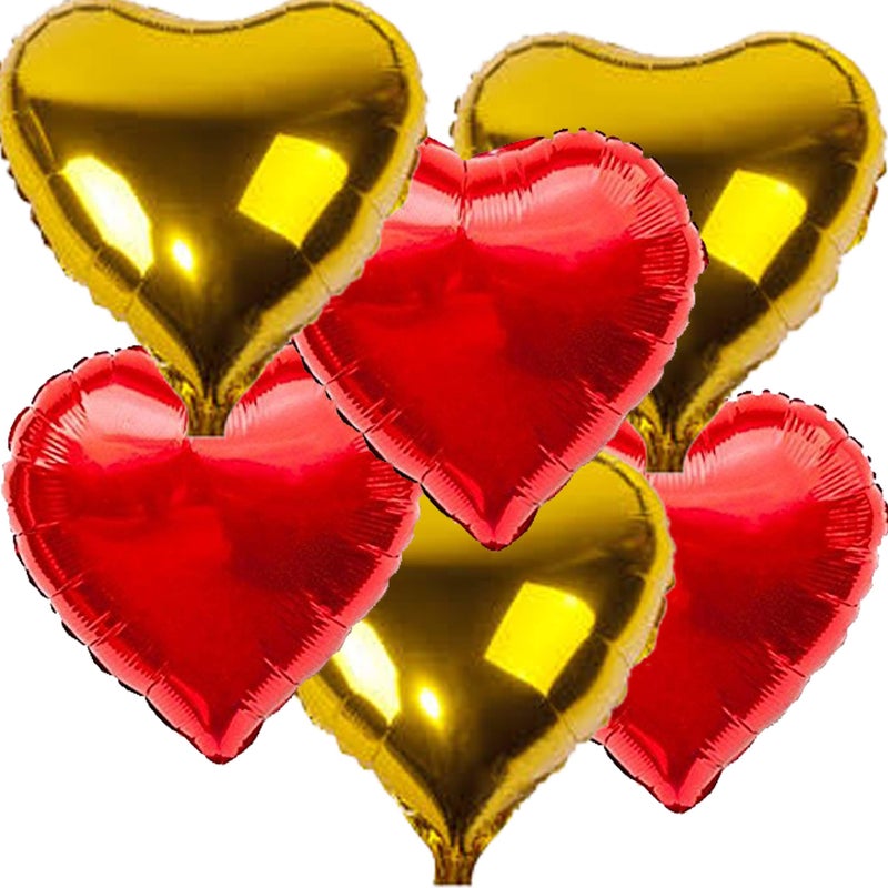 Masti Zone Pack of 6 Red and Golden (3 Red + 3 Golden) Colour Heart Shape Foil Balloons for Birthday, Wedding, Enagement, Valentine's Day Celebration