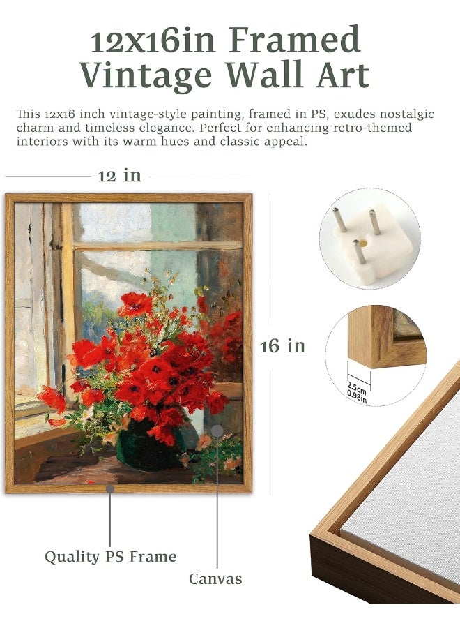 UPWOIGH Red Poppies Framed Wall Art, Vintage Wall Art, Modern Farmhouse Decor, Red Flowers Print, Antique Wall Decor 12x16in - Image 2