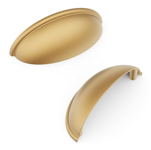 Hickory Hardware Heritage Cabinet Cup Pulls Handles for Kitchen Cabinet Doors Dresser Drawers Bathroom Vanity 3 Inch Center to Center Brushed Brass 10 Pack