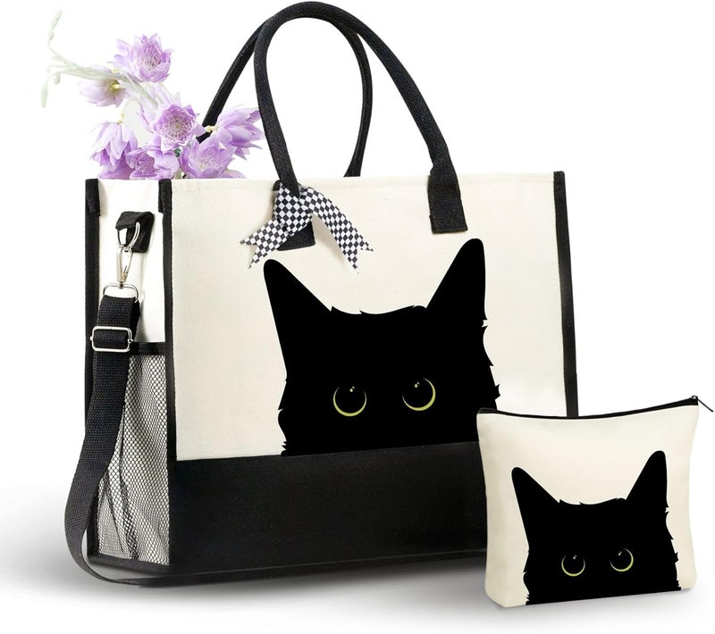 InnoBeta Black Cat Gifts for Women Canvas Tote Bag with Top Zipper Closure and Shoulder Strap for Birthday Mothers Day Christmas - Image 1