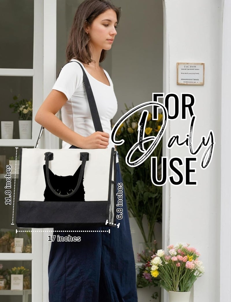 InnoBeta Black Cat Gifts for Women Canvas Tote Bag with Top Zipper Closure and Shoulder Strap for Birthday Mothers Day Christmas - Image 4