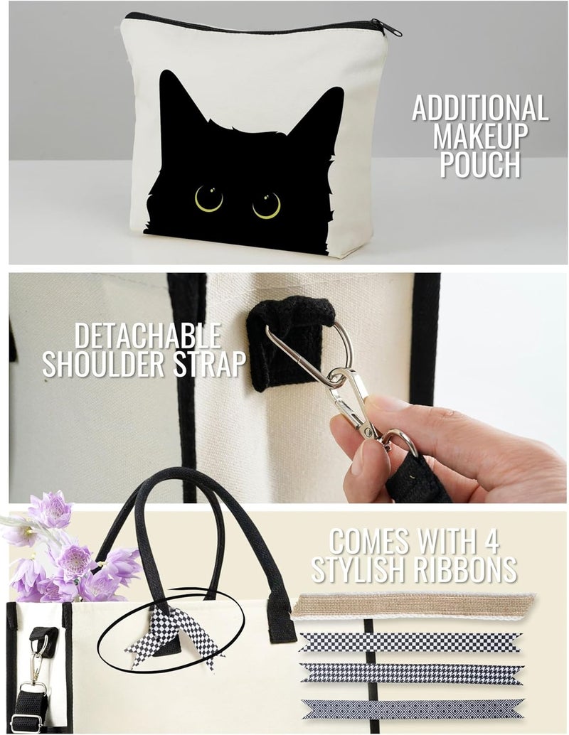 InnoBeta Black Cat Gifts for Women Canvas Tote Bag with Top Zipper Closure and Shoulder Strap for Birthday Mothers Day Christmas - Image 5