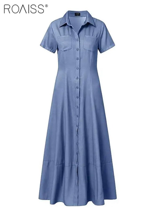 roaiss - Women's Casual Denim Shirt Dress Loose Fit Button Closure Denim Dress With Pockets On Both Sides Lightweight Long Dress - Image 1