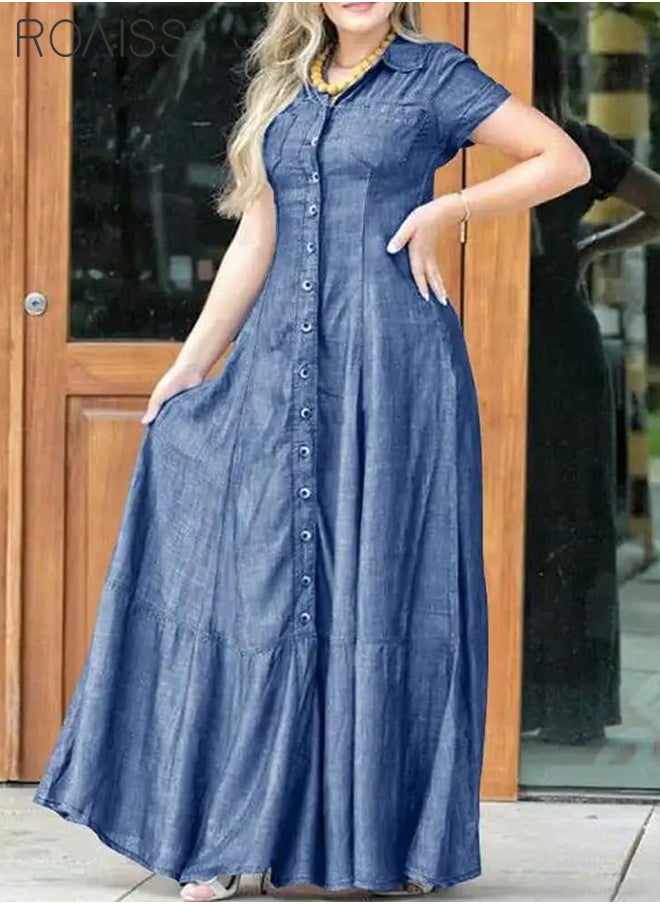 roaiss - Women's Casual Denim Shirt Dress Loose Fit Button Closure Denim Dress With Pockets On Both Sides Lightweight Long Dress - Image 1