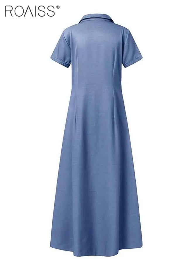 roaiss - Women's Casual Denim Shirt Dress Loose Fit Button Closure Denim Dress With Pockets On Both Sides Lightweight Long Dress - Image 1