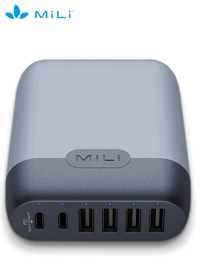 Charger Station III, Light and Powerful 6-Port 60W Desktop Charger with Power Delivery 3.0 for Super Fast Charging, 2 Type-C Ports and 4 USB Ports