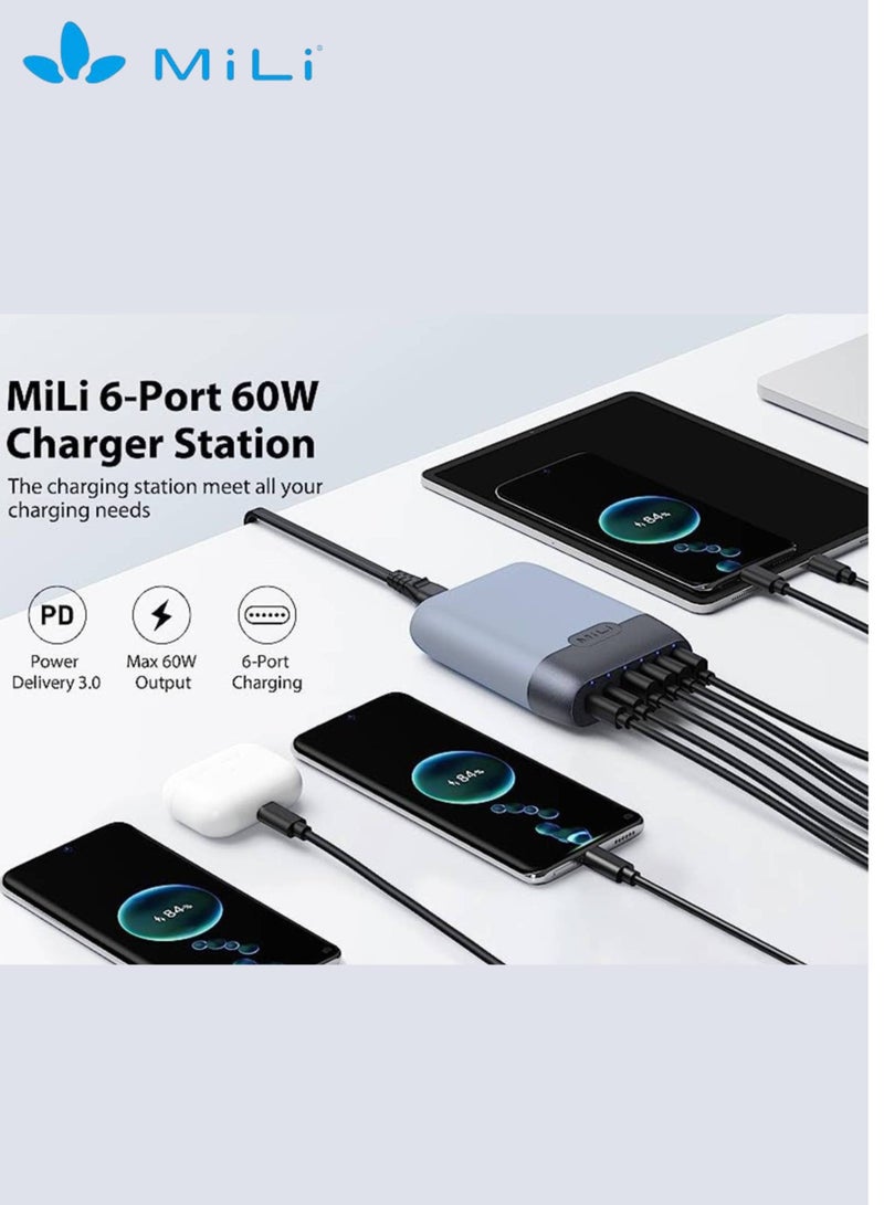 Charger Station III, Light and Powerful 6-Port 60W Desktop Charger with Power Delivery 3.0 for Super Fast Charging, 2 Type-C Ports and 4 USB Ports