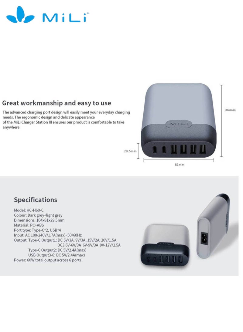 Charger Station III, Light and Powerful 6-Port 60W Desktop Charger with Power Delivery 3.0 for Super Fast Charging, 2 Type-C Ports and 4 USB Ports