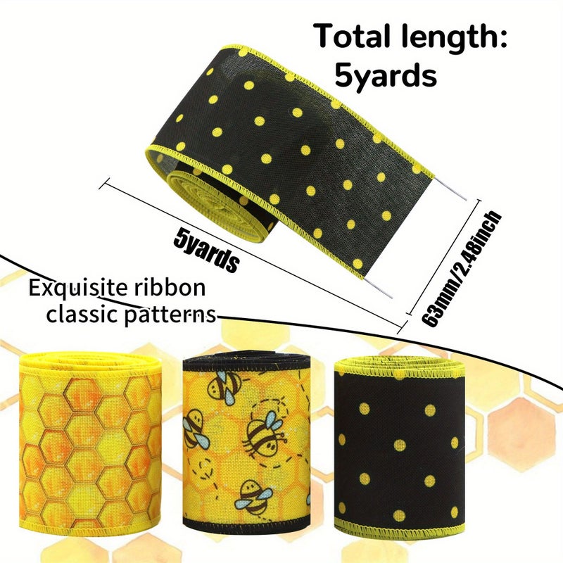 Vintage Bee Honeycomb Pattern Yellow Black Wired Edge Ribbon 5 Yards Polka Dot Stripe Design for Holiday Decor Gift Wrapping Hair Accessories Crafting Sewing Style2 - Image 3