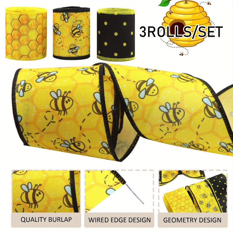 Vintage Bee Honeycomb Pattern Yellow Black Wired Edge Ribbon 5 Yards Polka Dot Stripe Design for Holiday Decor Gift Wrapping Hair Accessories Crafting Sewing Style2 - Image 2
