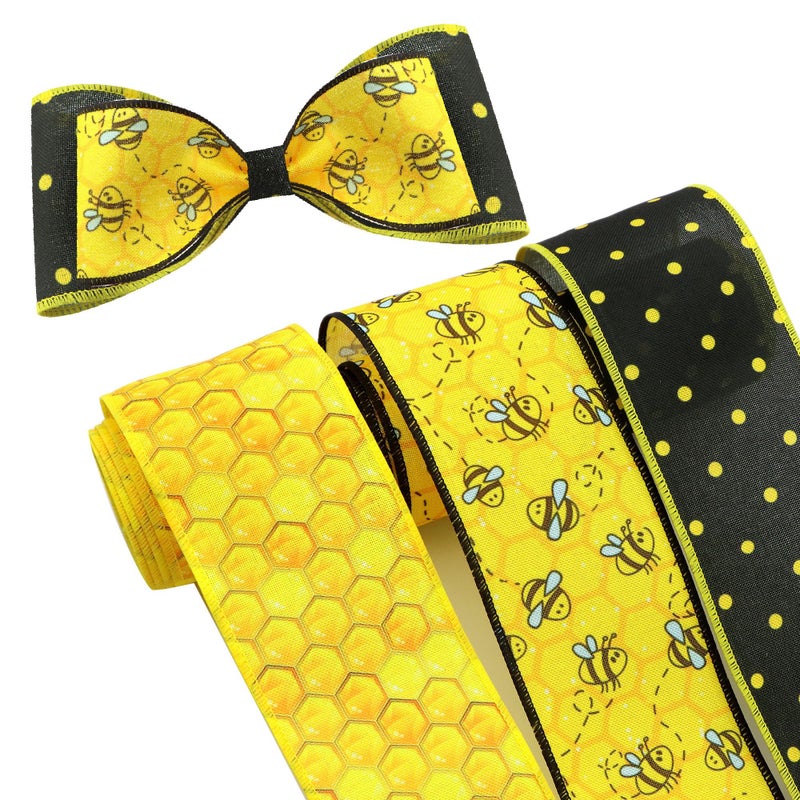 Vintage Bee Honeycomb Pattern Yellow Black Wired Edge Ribbon 5 Yards Polka Dot Stripe Design for Holiday Decor Gift Wrapping Hair Accessories Crafting Sewing Style2 - Image 1