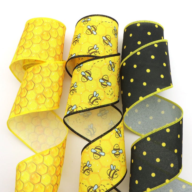 Vintage Bee Honeycomb Pattern Yellow Black Wired Edge Ribbon 5 Yards Polka Dot Stripe Design for Holiday Decor Gift Wrapping Hair Accessories Crafting Sewing Style2 - Image 4