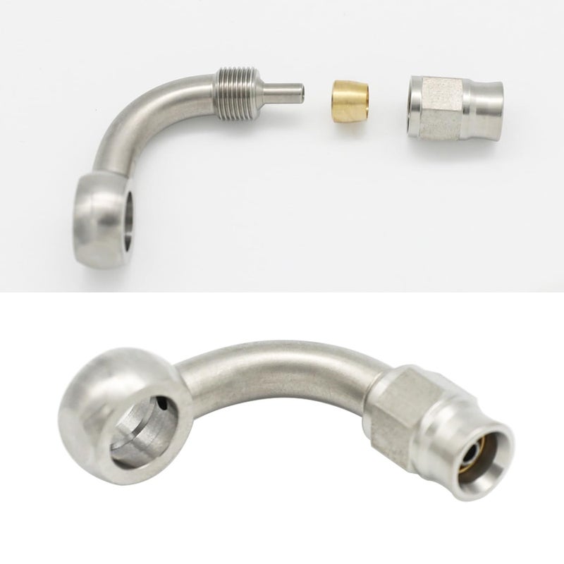 KRD PERFORMANCE Stainless Steel 90 Degree Brake Hose End Fitting Banjo Eye Hole Diameter 102mm M10 to AN3 PTFE Brake Hose Line With Brass Olive - Image 3