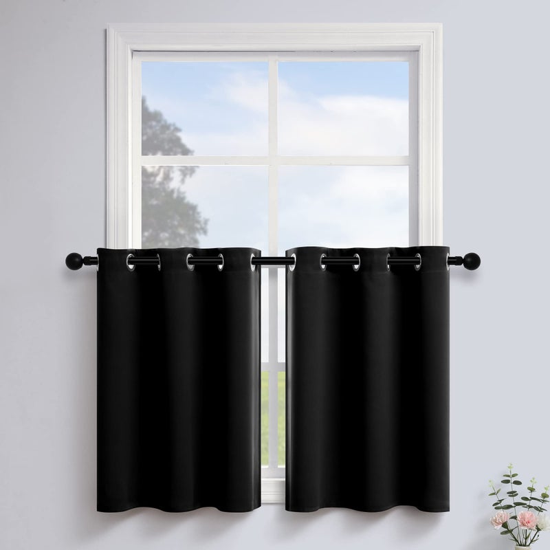 Pitalk Short Blackout Curtains For Bedrooom 2 Panels Halloween Decor Grommet 24 Inch Length Room Darkening Small Window Curtains For Basement Bathroom Kitchen Black - Image 1