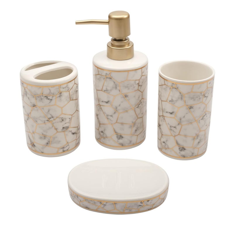 STORE 2508 Ceramic 4 Pcs Bathroom Set Liquid Soap Dispenser Soap Dish Toothbrush Holder And Tumbler White - Image 1