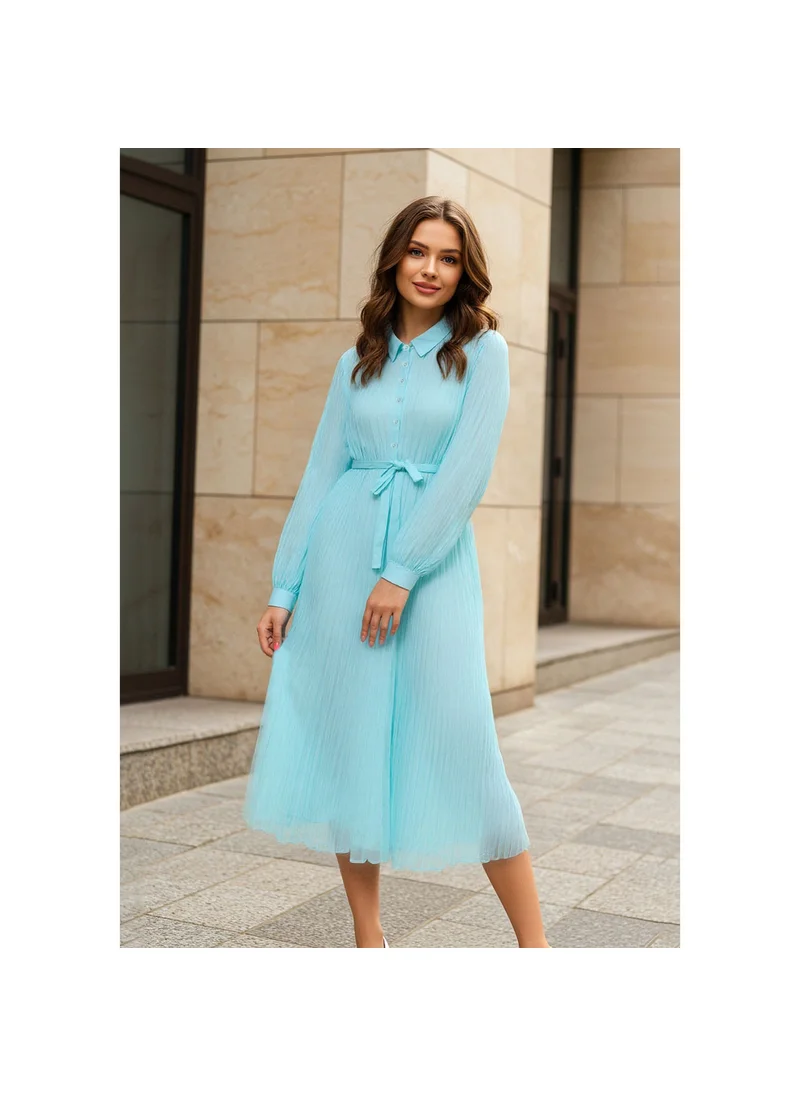 فاف Pleated Midi Dress with Collar and Tie-Up Belt