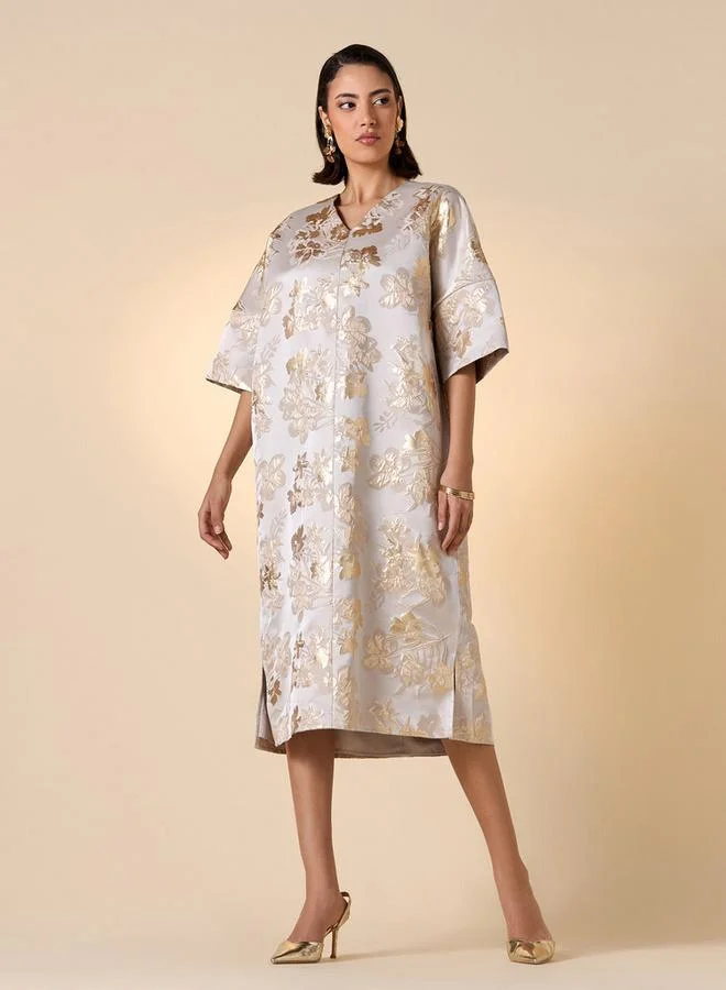 Iconic Floral Detail V-neck Kaftan Dress with Slits