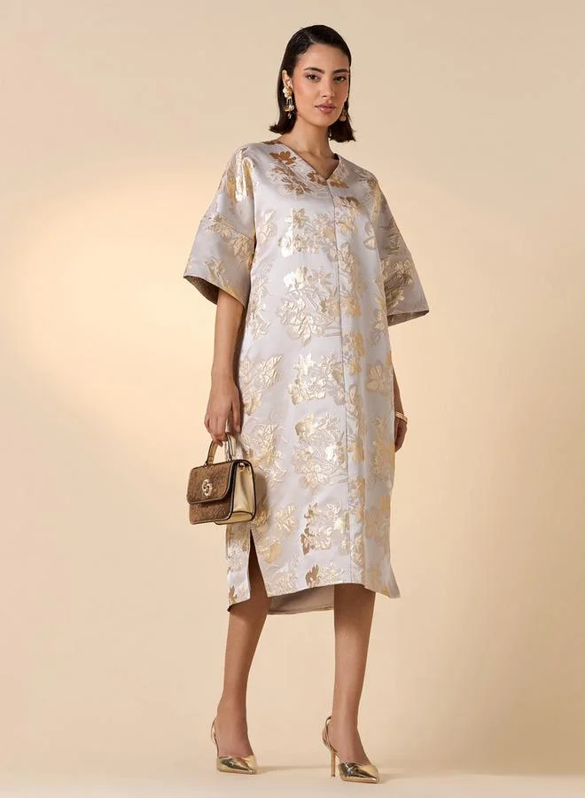 Iconic Floral Detail V-neck Kaftan Dress with Slits