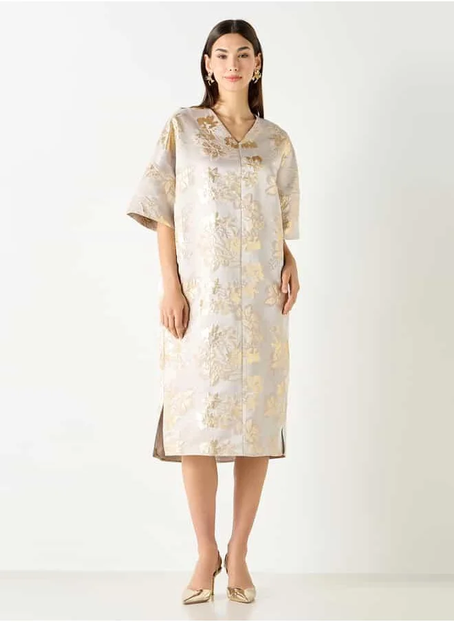 Iconic Floral Detail V-neck Kaftan Dress with Slits