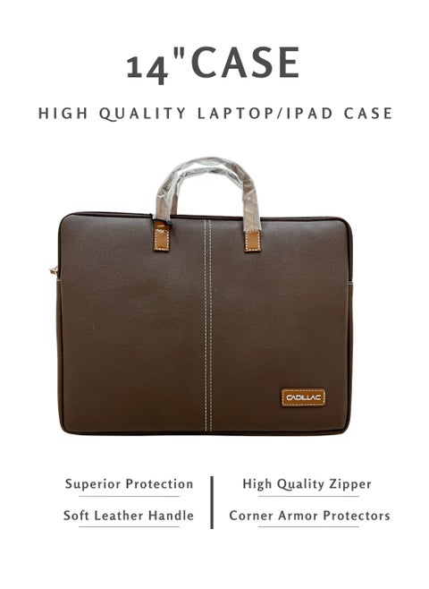 LAPTOP BAG 14" PU HIGH QUALITY LAPTOP/IPAD CASE WITH SUPERIOR LINING AND CUSHIONING DARK BROWN