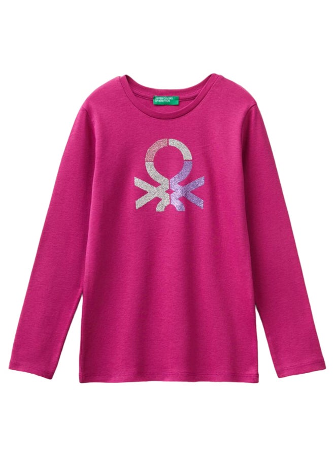 Benetton Girls Glitter Printed Long Sleeve T-shirt - Image 1