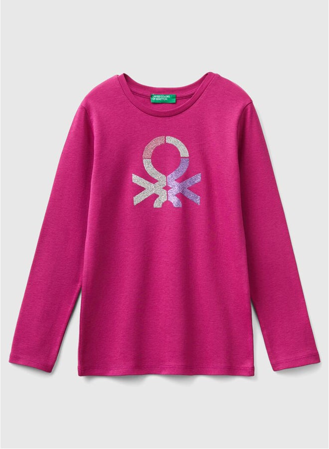 Benetton Girls Glitter Printed Long Sleeve T-shirt - Image 4