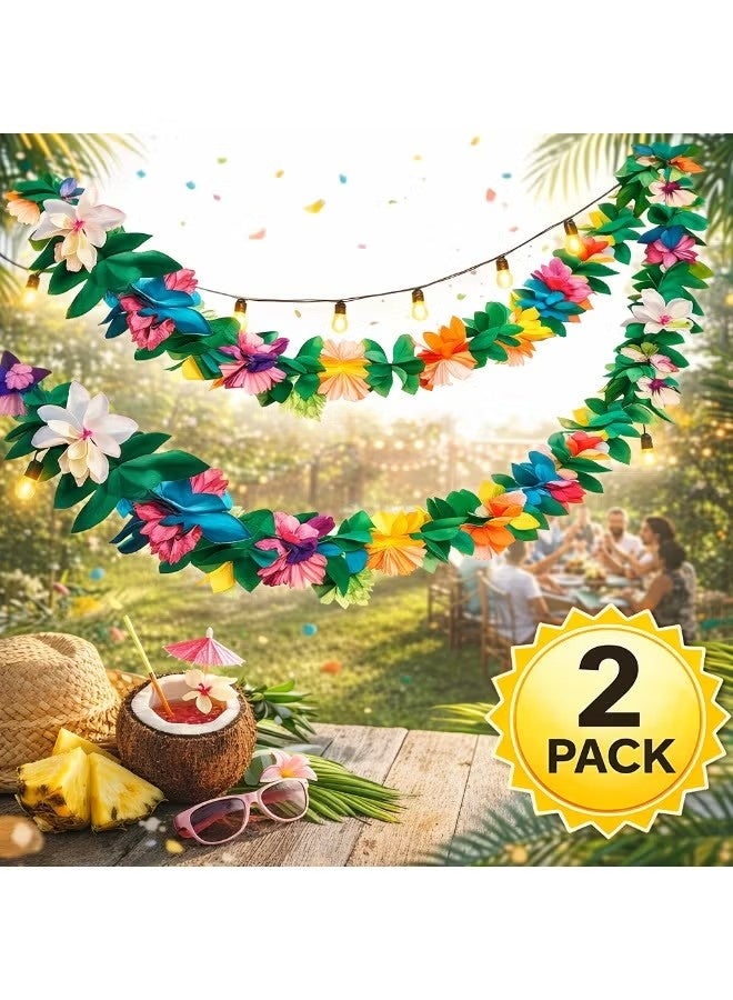 Ailily 2 Pack Tropical Garland Party Decorations,  20ft Multicolored Tissue Paper Hibiscus Flower Summer Banner for Birthday Beach Theme Luau Moana Hawaiian Party Supplies Jungle Decor - Image 1