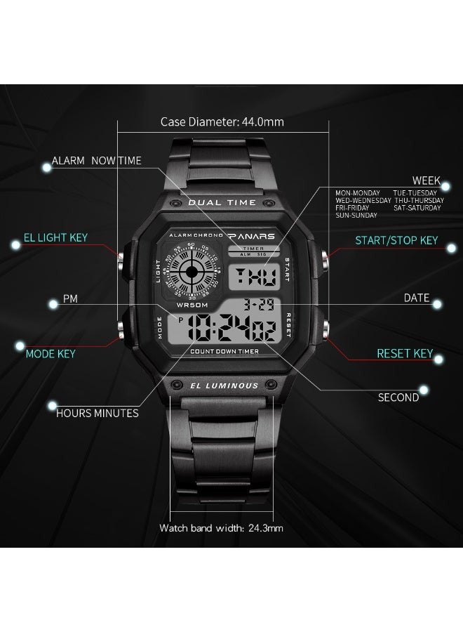 بانارس ساعات رجالية رياضية بسوار من الفولاذ المقاوم للصدأ، ساعة يد رقمية LED مقاومة للماء للرجال، ساعة إلكترونية عصرية وعصرية - Image 4