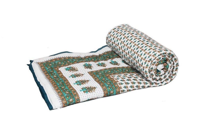 SVT Traditional Famous Rajasthani Print Jaipuri Beautiful Floral Print in White Green Jaipuri RajaiRazaiQuilt SingleSingle Bed QuiltComforterAC QuiltAC Comforter - Image 1