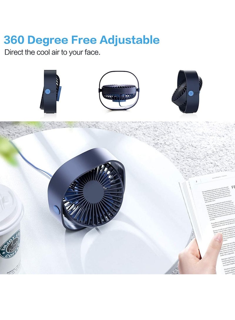 Small Personal USB Desk Fan, 3 Speeds Portable Desktop Table Cooling Fan Powered by USB, Strong Wind, Quiet Operation For Home Office Car Outdoor Travel (Navy Blue)