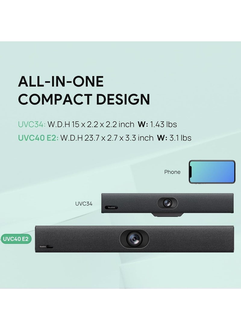 Yealink UVC40 E2 Video Conference Camera System – All-in-One USB Bar with 4K Camera, AI Auto-Framing, Built-in Microphone & Speaker, Plug & Play