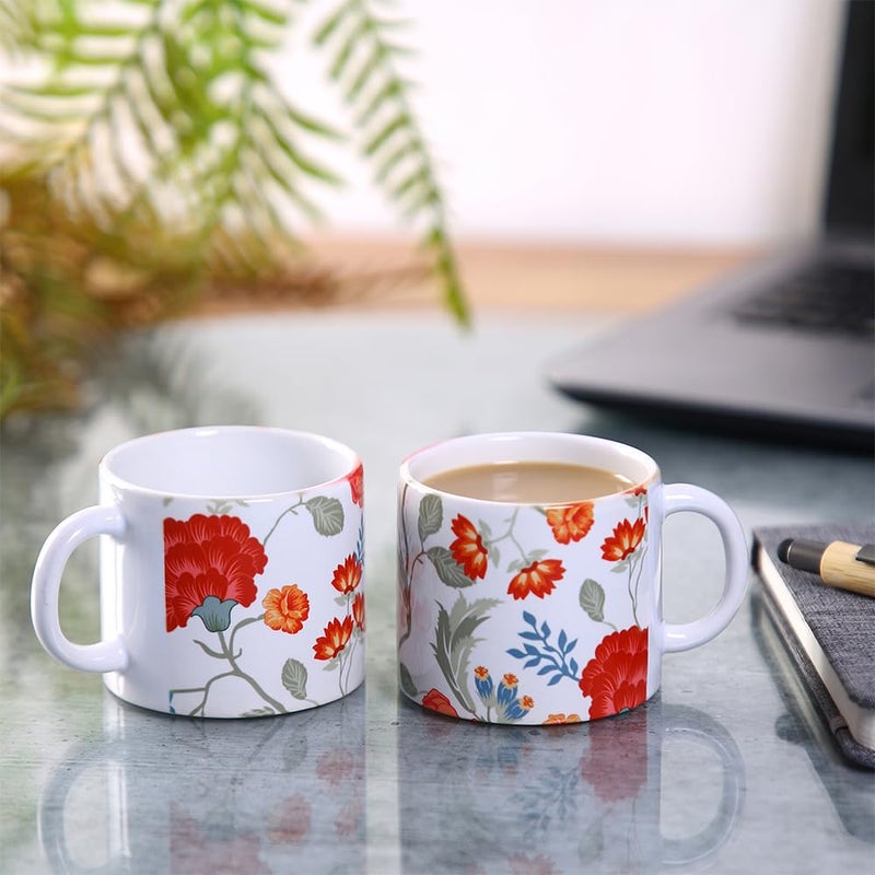PentaDeco Floral Printed Ceramic Mugs Set of 2 White and Red - Image 1