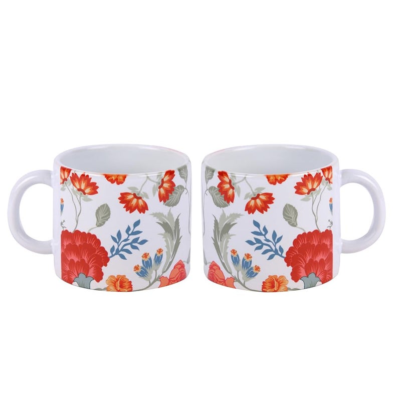 PentaDeco Floral Printed Ceramic Mugs Set of 2 White and Red - Image 3