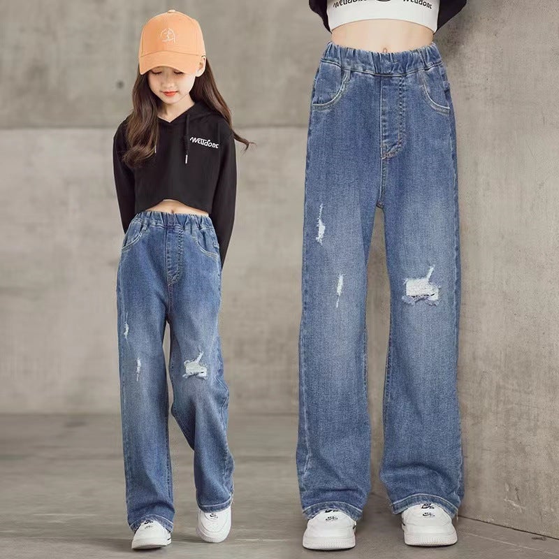 Boys And Girls Jeans Medium And Large Children Girls Loose Baby Casual Style Straight Pants Factory - Image 3