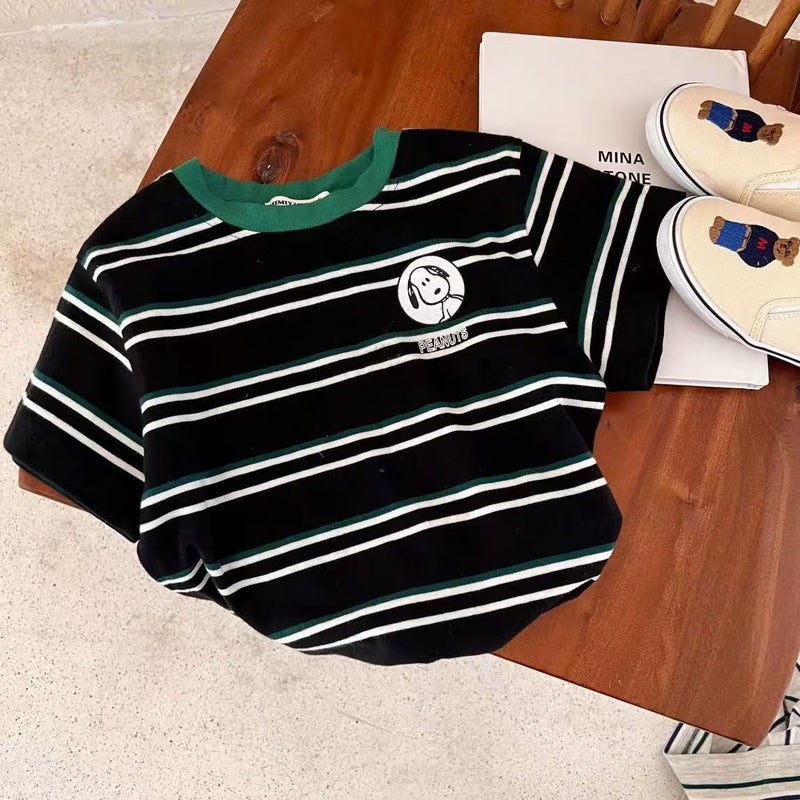 2025 Children'S Cotton T-Shirt Boy'S Loose Breathable Crewneck Top Baby'S Fashionable Striped Cartoon Printed Short Sleeve - Image 1